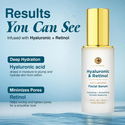 Clear Visage Hyaluronic Acid Serum with Retinol - Anti-Aging Korean Skin Care, Deep Hydration & Wrinkle Support, Dermatologist Tested, Vegan, 1.69 Fl Oz