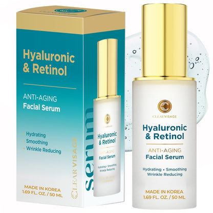 Clear Visage Hyaluronic Acid Serum with Retinol - Anti-Aging Korean Skin Care, Deep Hydration & Wrinkle Support, Dermatologist Tested, Vegan, 1.69 Fl Oz