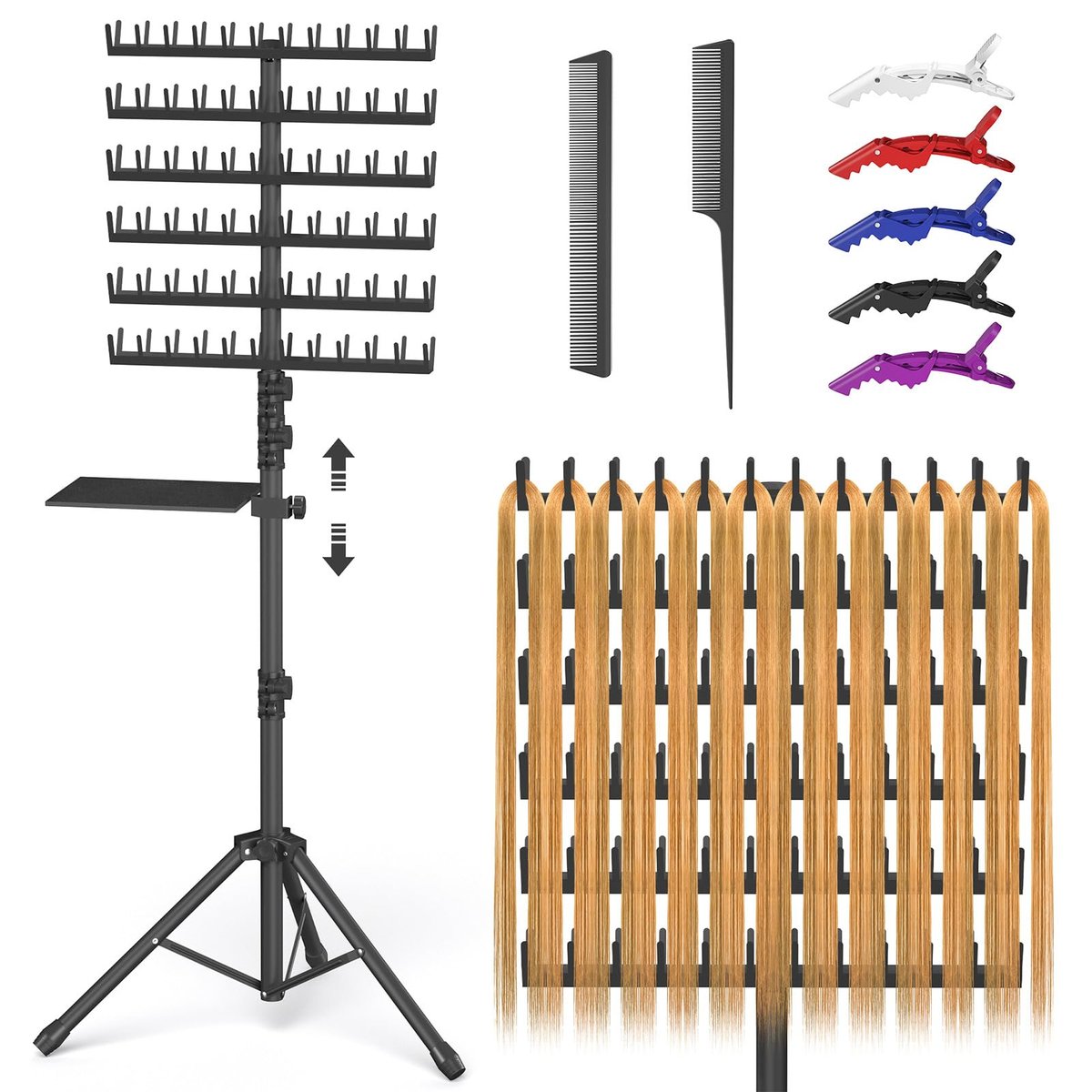 Hemndic Braiding Hair Rack with Tray – 2-Sided 144 Pegs, Heavy Duty Adjustable Hair Extension Holder with Storage Bag & Accessories Avelisse