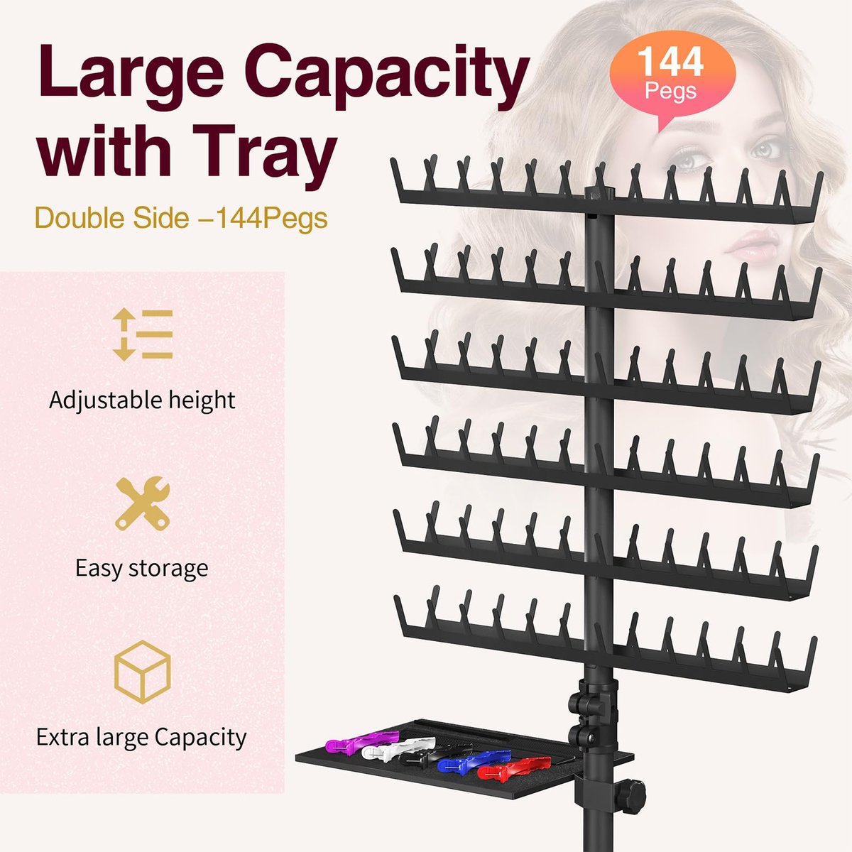 Hemndic Braiding Hair Rack with Tray – 2-Sided 144 Pegs, Heavy Duty Adjustable Hair Extension Holder with Storage Bag & Accessories Avelisse
