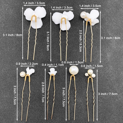 PRETTYLIFE 7PCS White Flower Hair Pins for Wedding - Elegant Ceramic & Pearl Hair Accessories for Women