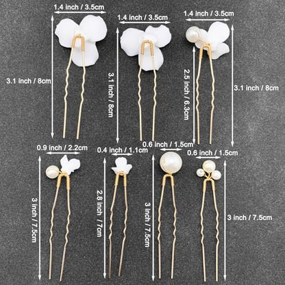 PRETTYLIFE 7PCS White Flower Hair Pins for Wedding - Elegant Ceramic & Pearl Hair Accessories for Women