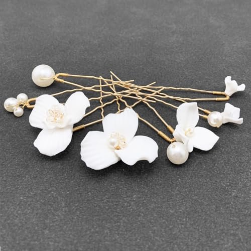 PRETTYLIFE 7PCS White Flower Hair Pins for Wedding - Elegant Ceramic & Pearl Hair Accessories for Women - görsel 12