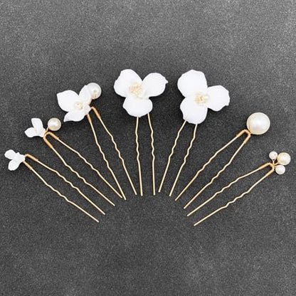 PRETTYLIFE 7PCS White Flower Hair Pins for Wedding - Elegant Ceramic & Pearl Hair Accessories for Women