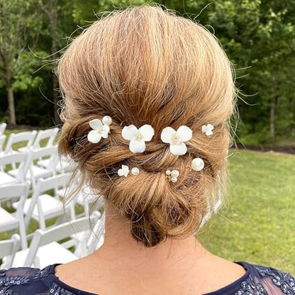 PRETTYLIFE 7PCS White Flower Hair Pins for Wedding - Elegant Ceramic & Pearl Hair Accessories for Women