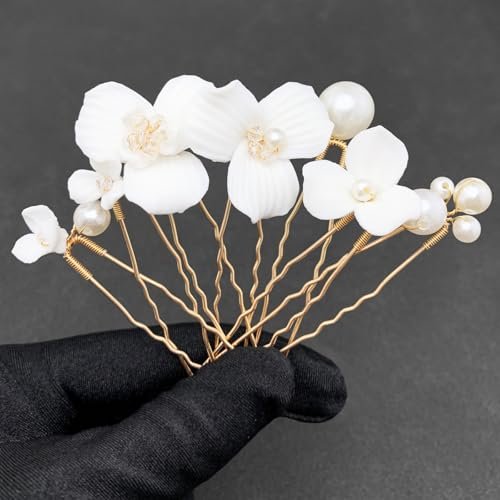 PRETTYLIFE 7PCS White Flower Hair Pins for Wedding - Elegant Ceramic & Pearl Hair Accessories for Women - görsel 2