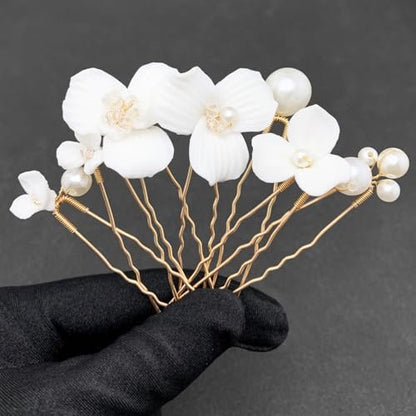 PRETTYLIFE 7PCS White Flower Hair Pins for Wedding - Elegant Ceramic & Pearl Hair Accessories for Women