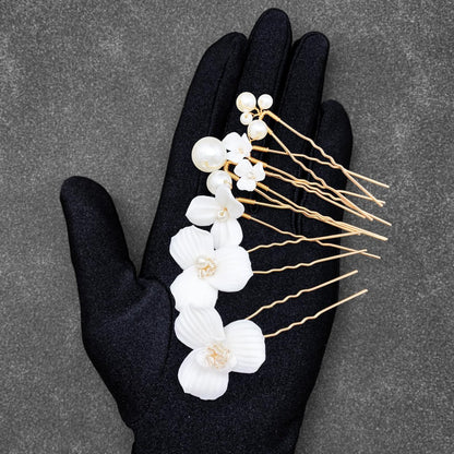 PRETTYLIFE 7PCS White Flower Hair Pins for Wedding - Elegant Ceramic & Pearl Hair Accessories for Women