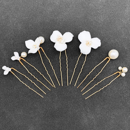 PRETTYLIFE 7PCS White Flower Hair Pins for Wedding - Elegant Ceramic & Pearl Hair Accessories for Women