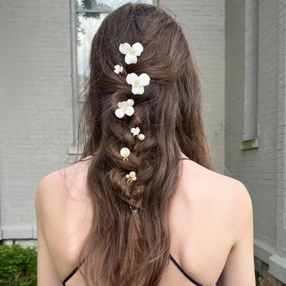 PRETTYLIFE 7PCS White Flower Hair Pins for Wedding - Elegant Ceramic & Pearl Hair Accessories for Women