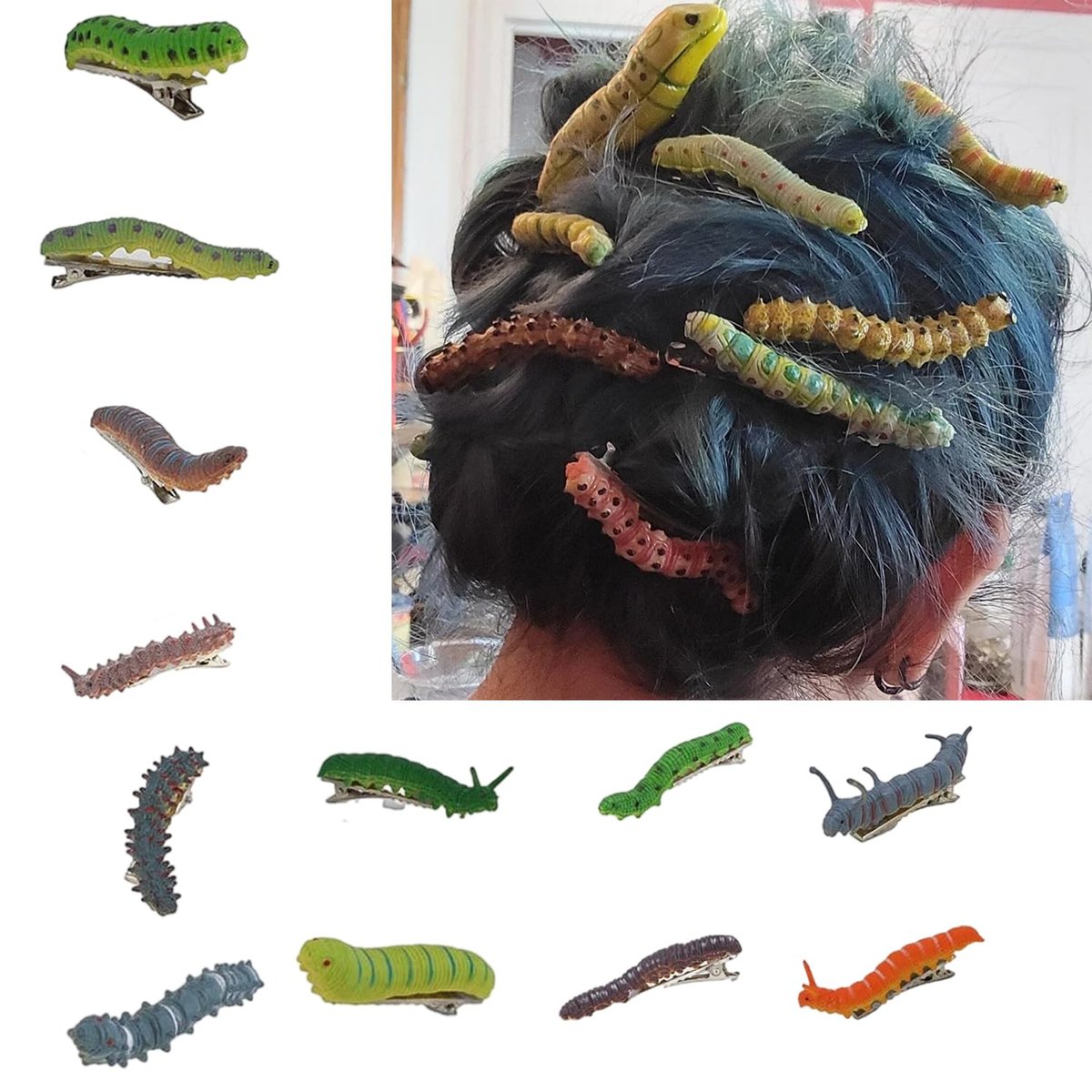 12-Pack Hand-Painted Halloween Caterpillar Hair Clips – Fun 3D Reptile Duckbill Clips for Spooky Party Accessories Avelisse