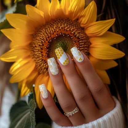 PH PandaHall 3pcs Honeycomb Nail Stamping Plates - Spring Bee Honey Nail Stamper Sunflower Art Stencils Stainless Steel Image Plate for Nails Art Design Manicure Salon