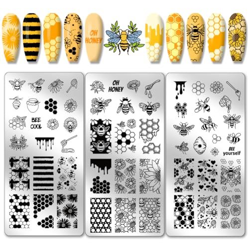PH PandaHall 3pcs Honeycomb Nail Stamping Plates - Spring Bee Honey Nail Stamper Sunflower Art Stencils Stainless Steel Image Plate for Nails Art Design Manicure Salon - görsel 2