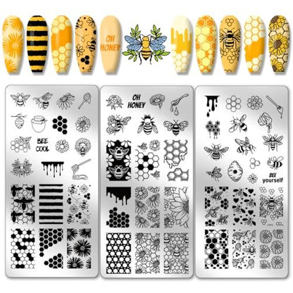 PH PandaHall 3pcs Honeycomb Nail Stamping Plates - Spring Bee Honey Nail Stamper Sunflower Art Stencils Stainless Steel Image Plate for Nails Art Design Manicure Salon