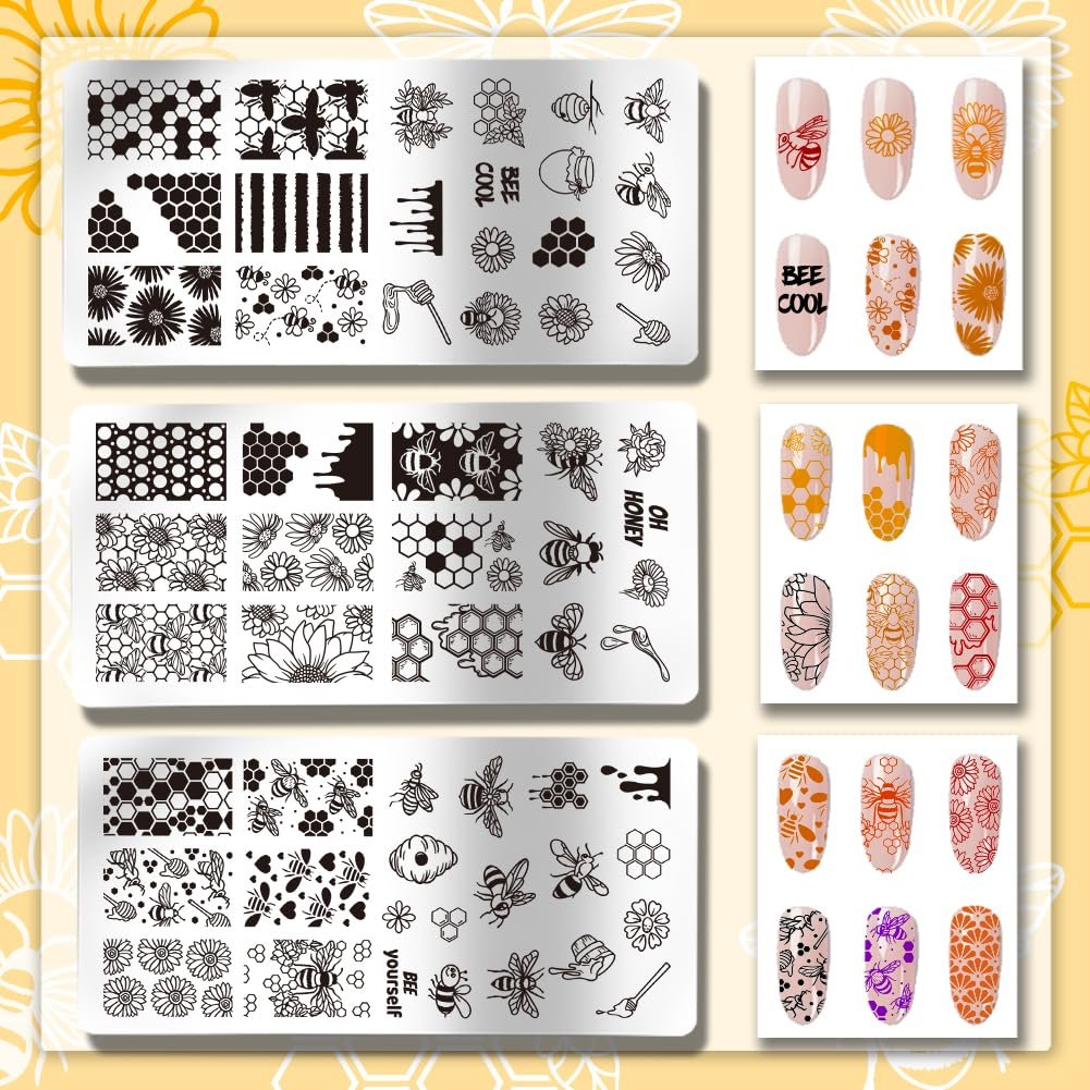 PH PandaHall 3pcs Honeycomb Nail Stamping Plates - Spring Bee Honey Nail Stamper Sunflower Art Stencils Stainless Steel Image Plate for Nails Art Design Manicure Salon - görsel 5