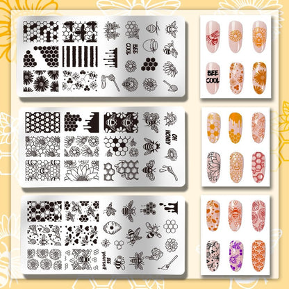 PH PandaHall 3pcs Honeycomb Nail Stamping Plates - Spring Bee Honey Nail Stamper Sunflower Art Stencils Stainless Steel Image Plate for Nails Art Design Manicure Salon