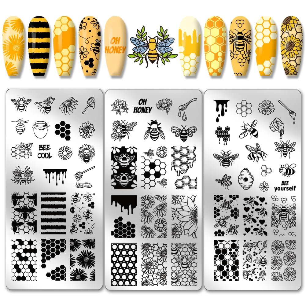 PH PandaHall 3pcs Honeycomb Nail Stamping Plates - Spring Bee Honey Nail Stamper Sunflower Art Stencils Stainless Steel Image Plate for Nails Art Design Manicure Salon - görsel 1