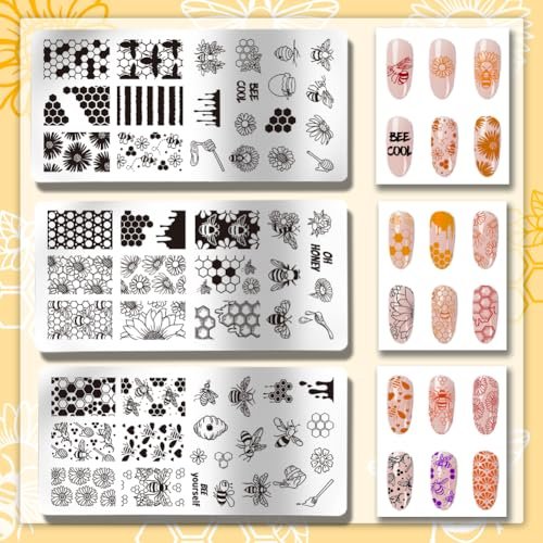 PH PandaHall 3pcs Honeycomb Nail Stamping Plates - Spring Bee Honey Nail Stamper Sunflower Art Stencils Stainless Steel Image Plate for Nails Art Design Manicure Salon - görsel 6