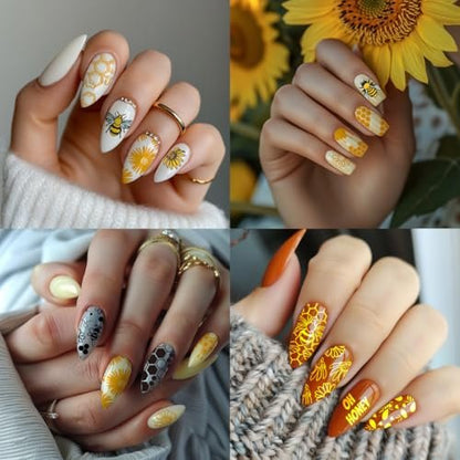 PH PandaHall 3pcs Honeycomb Nail Stamping Plates - Spring Bee Honey Nail Stamper Sunflower Art Stencils Stainless Steel Image Plate for Nails Art Design Manicure Salon