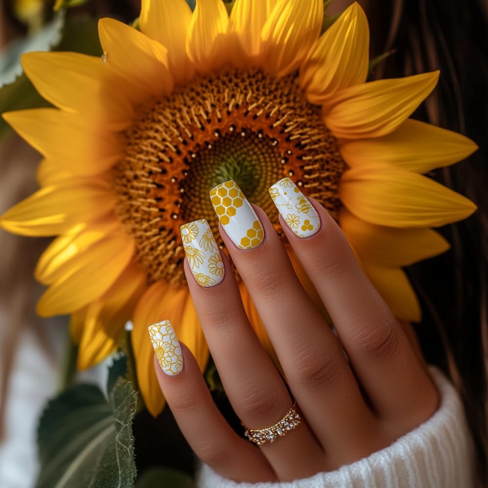 PH PandaHall 3pcs Honeycomb Nail Stamping Plates - Spring Bee Honey Nail Stamper Sunflower Art Stencils Stainless Steel Image Plate for Nails Art Design Manicure Salon - görsel 7