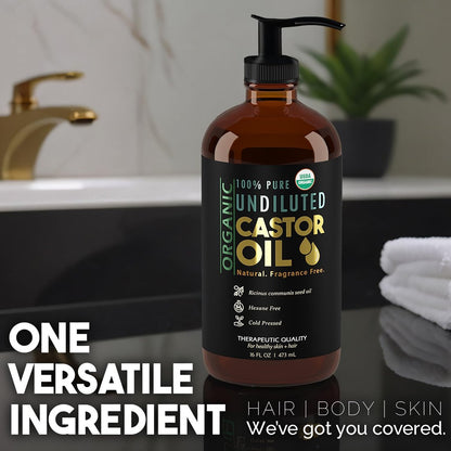 BALM OF GILEAD Organic Castor Oil for Skin Hydration - Therapeutic Cold Pressed, USDA Certified 100% Pure, Glass Bottle - 16 oz Unrefined, Hexane Free, Castor Oil for Hair & Eyelashes Growth Avelisse