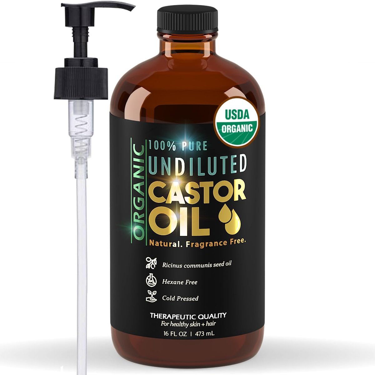 BALM OF GILEAD Organic Castor Oil for Skin Hydration - Therapeutic Cold Pressed, USDA Certified 100% Pure, Glass Bottle - 16 oz Unrefined, Hexane Free, Castor Oil for Hair & Eyelashes Growth Avelisse