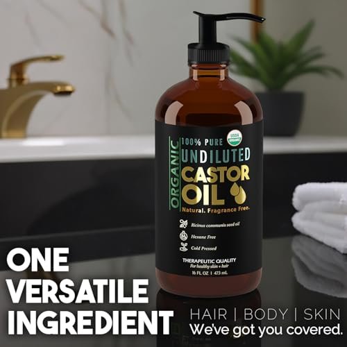 BALM OF GILEAD Organic Castor Oil for Skin Hydration - Therapeutic Cold Pressed, USDA Certified 100% Pure, Glass Bottle - 16 oz Unrefined, Hexane Free, Castor Oil for Hair & Eyelashes Growth Avelisse