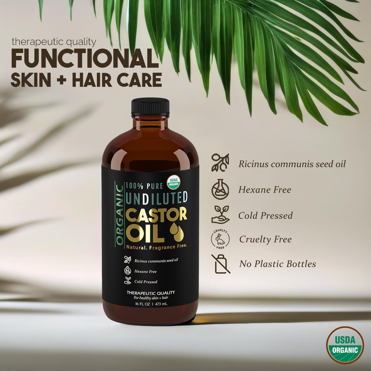 BALM OF GILEAD Organic Castor Oil for Skin Hydration - Therapeutic Cold Pressed, USDA Certified 100% Pure, Glass Bottle - 16 oz Unrefined, Hexane Free, Castor Oil for Hair & Eyelashes Growth Avelisse