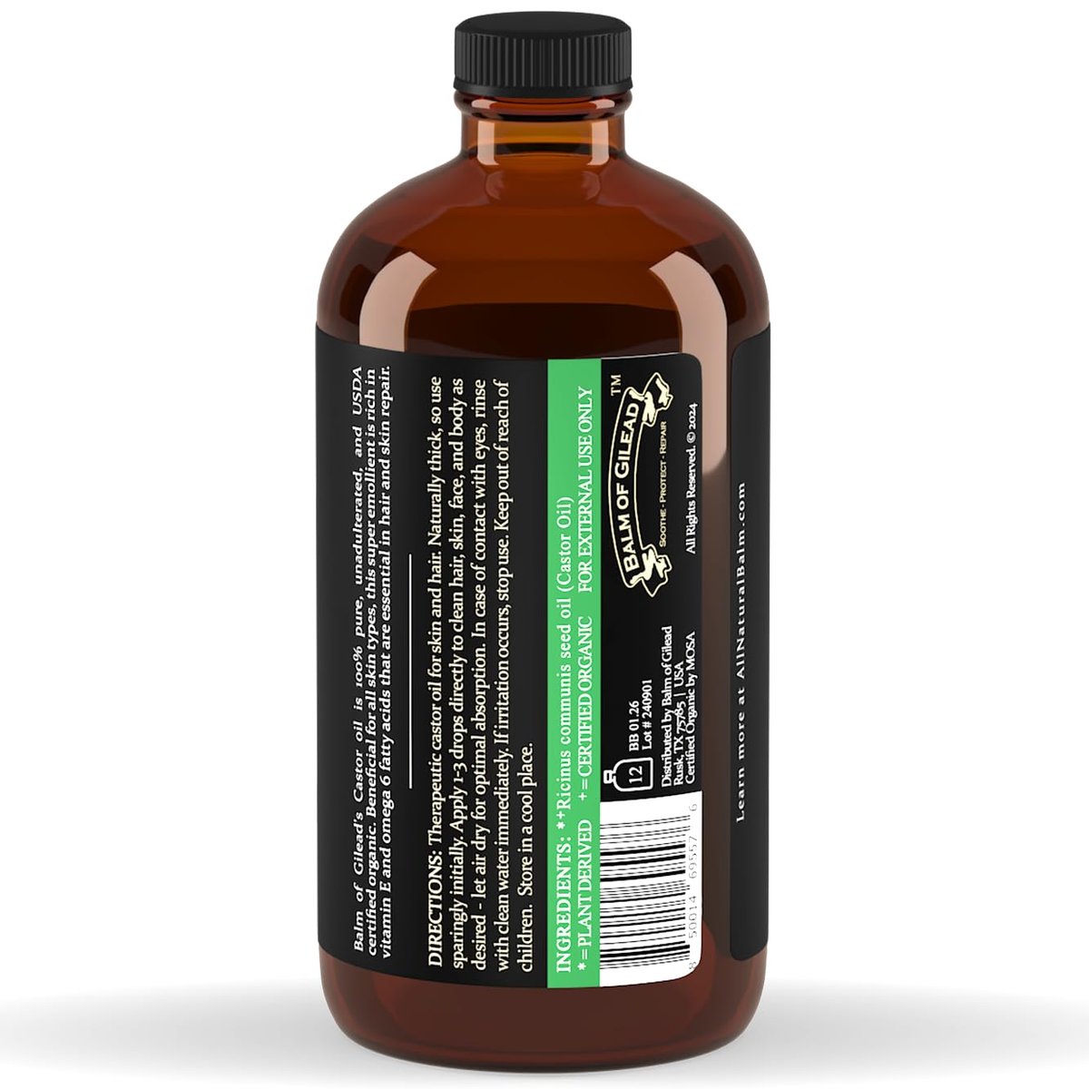 BALM OF GILEAD Organic Castor Oil for Skin Hydration - Therapeutic Cold Pressed, USDA Certified 100% Pure, Glass Bottle - 16 oz Unrefined, Hexane Free, Castor Oil for Hair & Eyelashes Growth Avelisse