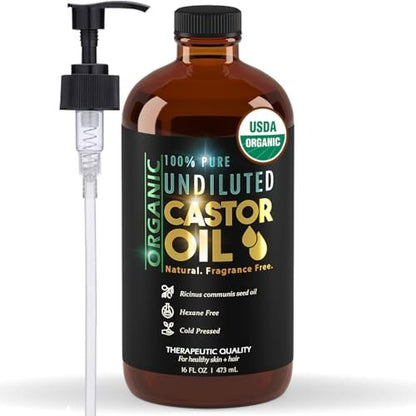 BALM OF GILEAD Organic Castor Oil for Skin Hydration - Therapeutic Cold Pressed, USDA Certified 100% Pure, Glass Bottle - 16 oz Unrefined, Hexane Free, Castor Oil for Hair & Eyelashes Growth Avelisse