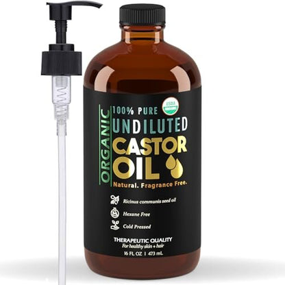 BALM OF GILEAD Organic Castor Oil for Skin Hydration - Therapeutic Cold Pressed, USDA Certified 100% Pure, Glass Bottle - 16 oz Unrefined, Hexane Free, Castor Oil for Hair & Eyelashes Growth Avelisse