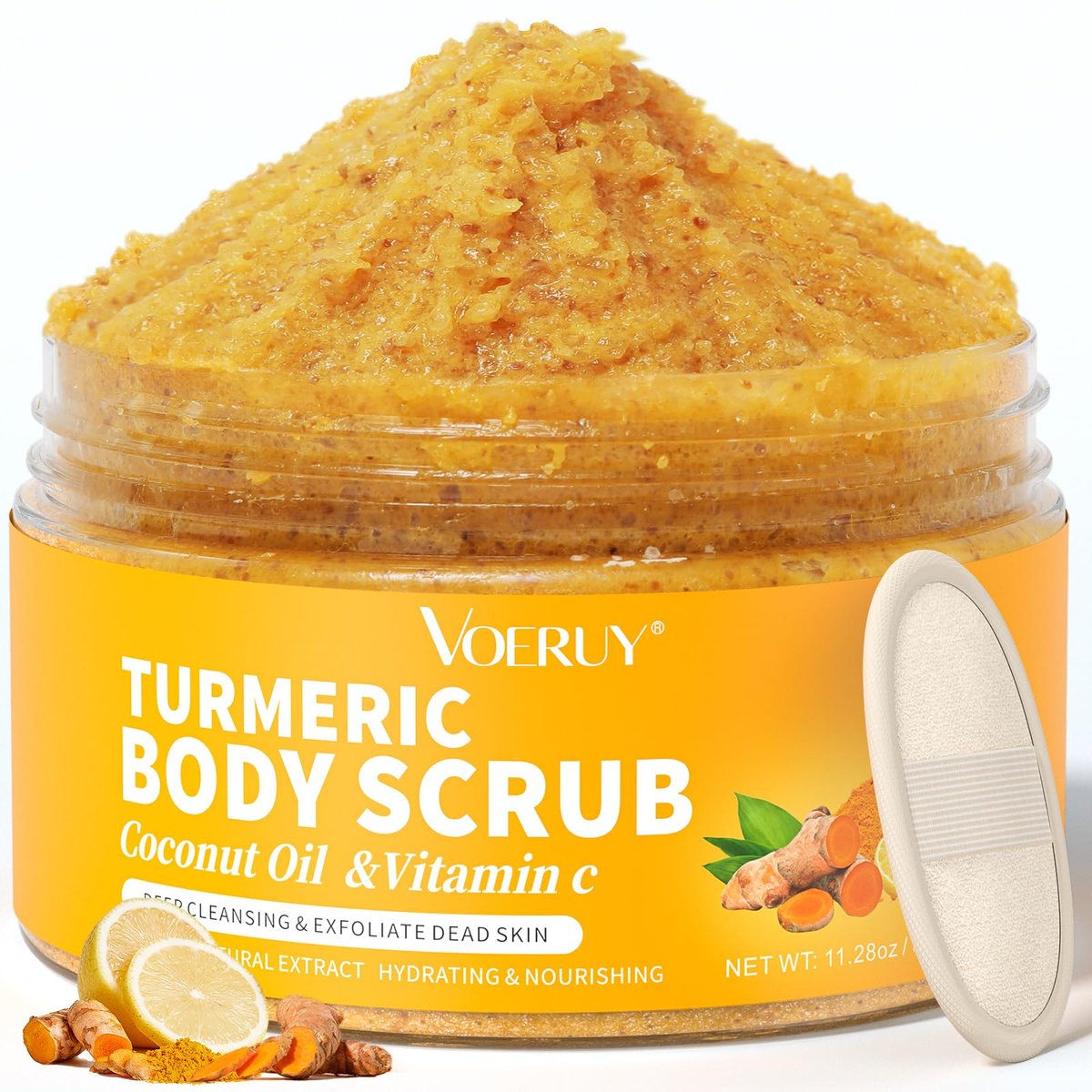 VOERUY Turmeric Exfoliating Body Scrub with Coconut Oil & Vitamin C - Gently Exfoliate, Moisturize, and Brighten Skin for Women and Men, 11.28 oz - görsel 1