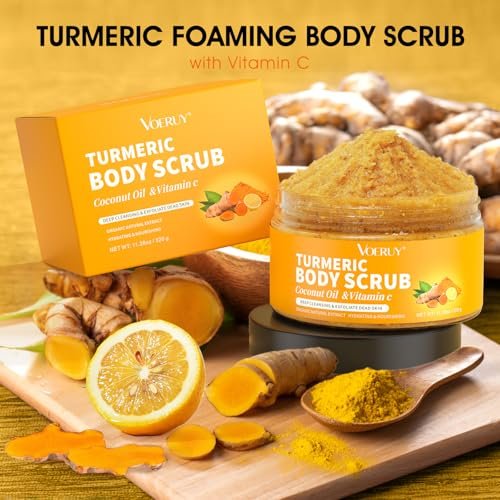 VOERUY Turmeric Exfoliating Body Scrub with Coconut Oil & Vitamin C - Gently Exfoliate, Moisturize, and Brighten Skin for Women and Men, 11.28 oz - görsel 14