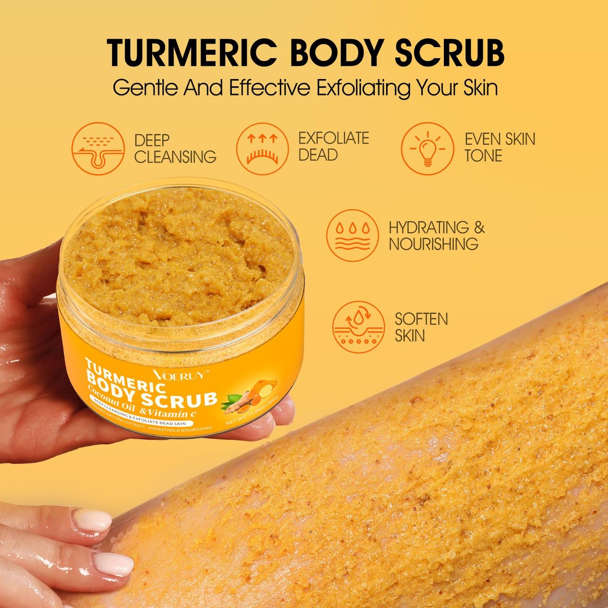 VOERUY Turmeric Exfoliating Body Scrub with Coconut Oil & Vitamin C - Gently Exfoliate, Moisturize, and Brighten Skin for Women and Men, 11.28 oz - görsel 5