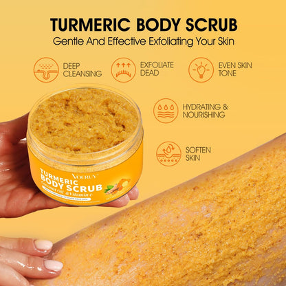 VOERUY Turmeric Exfoliating Body Scrub with Coconut Oil & Vitamin C - Gently Exfoliate, Moisturize, and Brighten Skin for Women and Men, 11.28 oz