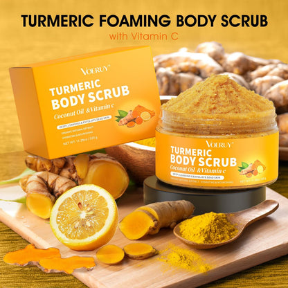 VOERUY Turmeric Exfoliating Body Scrub with Coconut Oil & Vitamin C - Gently Exfoliate, Moisturize, and Brighten Skin for Women and Men, 11.28 oz