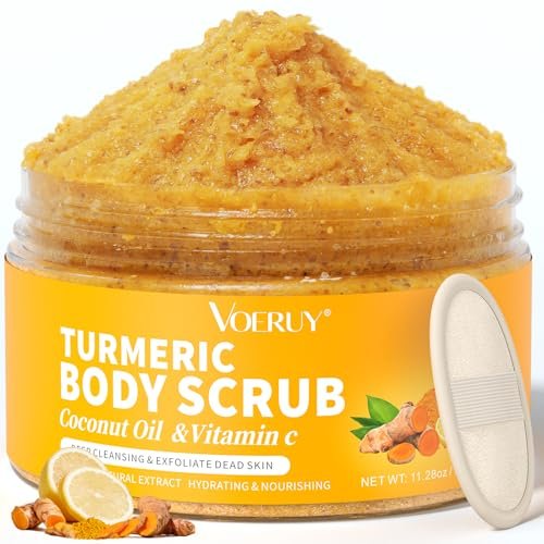 VOERUY Turmeric Exfoliating Body Scrub with Coconut Oil & Vitamin C - Gently Exfoliate, Moisturize, and Brighten Skin for Women and Men, 11.28 oz - görsel 2
