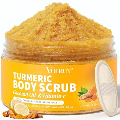 VOERUY Turmeric Exfoliating Body Scrub with Coconut Oil & Vitamin C - Gently Exfoliate, Moisturize, and Brighten Skin for Women and Men, 11.28 oz