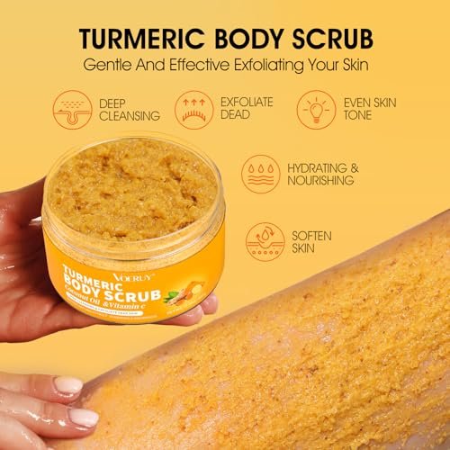 VOERUY Turmeric Exfoliating Body Scrub with Coconut Oil & Vitamin C - Gently Exfoliate, Moisturize, and Brighten Skin for Women and Men, 11.28 oz - görsel 6