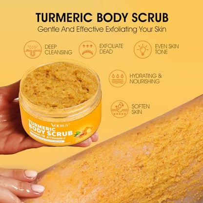 VOERUY Turmeric Exfoliating Body Scrub with Coconut Oil & Vitamin C - Gently Exfoliate, Moisturize, and Brighten Skin for Women and Men, 11.28 oz