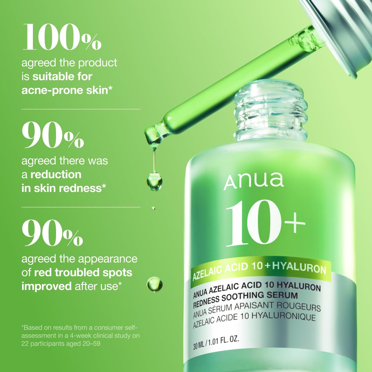 Anua Azelaic Acid 10 Hyaluron Redness Soothing Serum – Lightweight Hydrating Blemish Care for Oily & Blemish-Prone Skin, Korean Skincare, 1.01 fl oz Avelisse