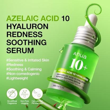 Anua Azelaic Acid 10 Hyaluron Redness Soothing Serum – Lightweight Hydrating Blemish Care for Oily & Blemish-Prone Skin, Korean Skincare, 1.01 fl oz Avelisse