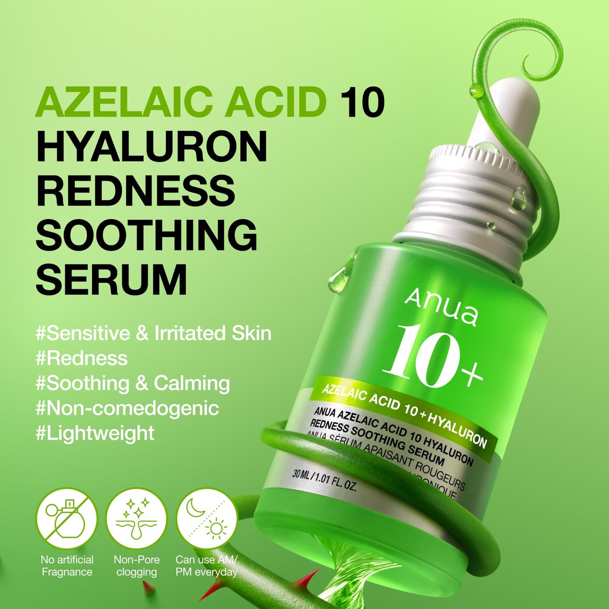 Anua Azelaic Acid 10 Hyaluron Redness Soothing Serum – Lightweight Hydrating Blemish Care for Oily & Blemish-Prone Skin, Korean Skincare, 1.01 fl oz Avelisse