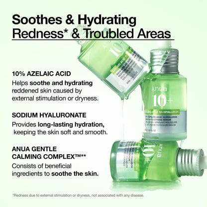 Anua Azelaic Acid 10 Hyaluron Redness Soothing Serum – Lightweight Hydrating Blemish Care for Oily & Blemish-Prone Skin, Korean Skincare, 1.01 fl oz Avelisse
