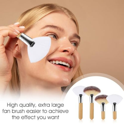 Lusofie 4-Piece Fluffy Facial Fan Brush Set – Soft Bristle Highlighter & Powder Brush for Flawless Makeup Application