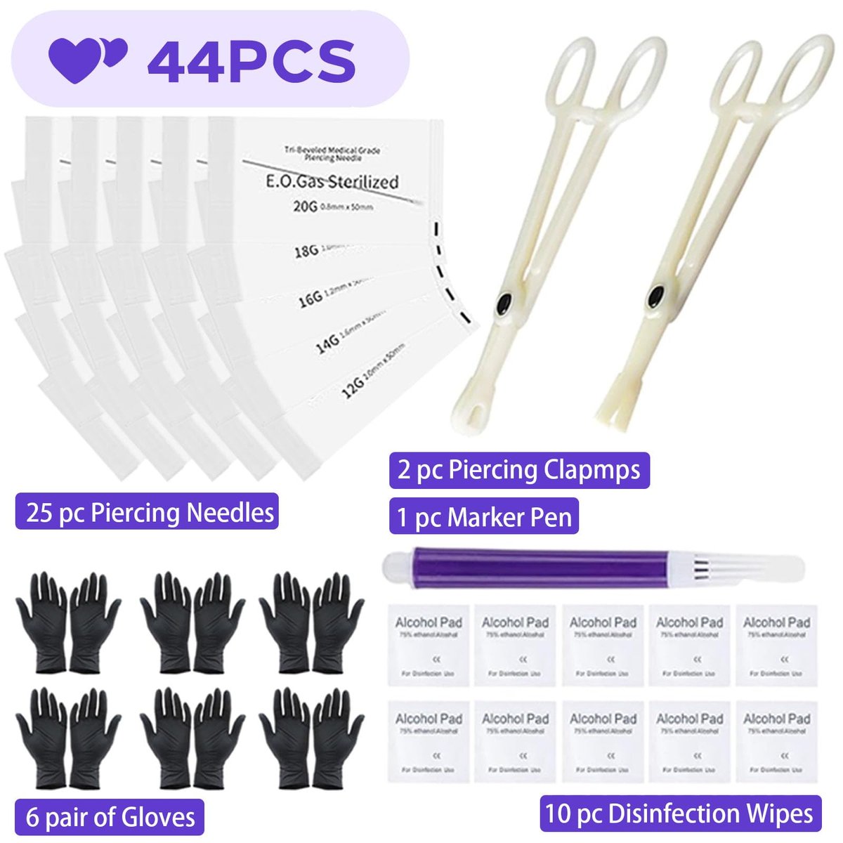 Usiriy 44-Piece Piercing Kit – Professional Body Piercing Needles & Tools for Ear, Nose, Belly Button, Tongue, Eyebrow - görsel 5