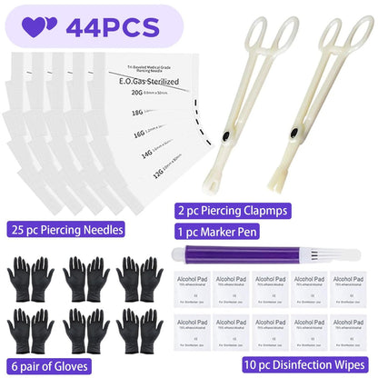 Usiriy 44-Piece Piercing Kit – Professional Body Piercing Needles & Tools for Ear, Nose, Belly Button, Tongue, Eyebrow