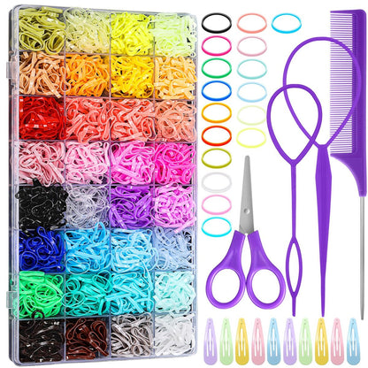 32 Colored Elastic Hair Ties Set - 1700 Rubber Bands with 14 Styling Tools & Cutter for Girls, Babies, Toddlers, Kids