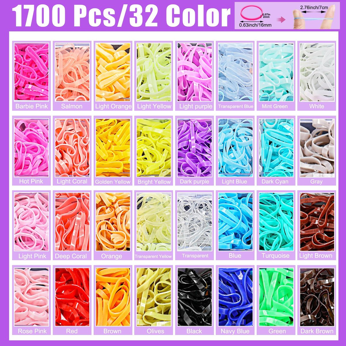 32 Colored Elastic Hair Ties Set - 1700 Rubber Bands with 14 Styling Tools & Cutter for Girls, Babies, Toddlers, Kids - görsel 5