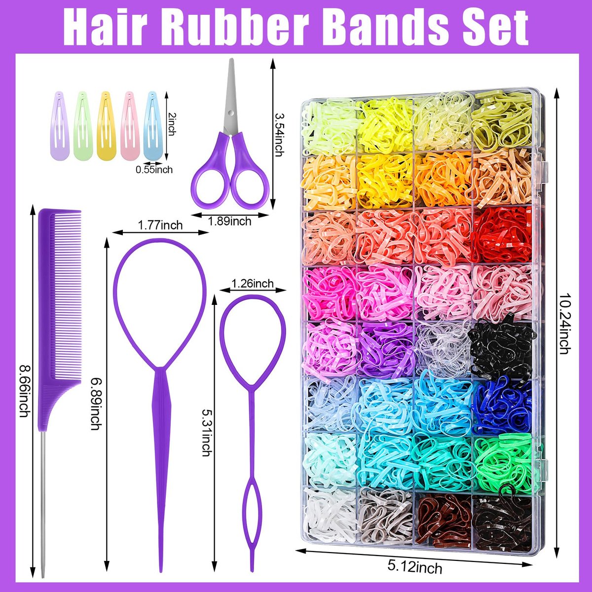 32 Colored Elastic Hair Ties Set - 1700 Rubber Bands with 14 Styling Tools & Cutter for Girls, Babies, Toddlers, Kids - görsel 3